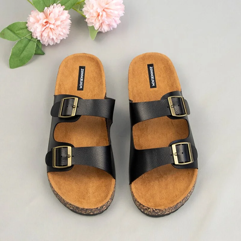 Qengg Women's Sandals Open Toe Gladiator Flat Woman Outside Slippers Thick Double Belt Buckles Comfort Summer Ladies Slides