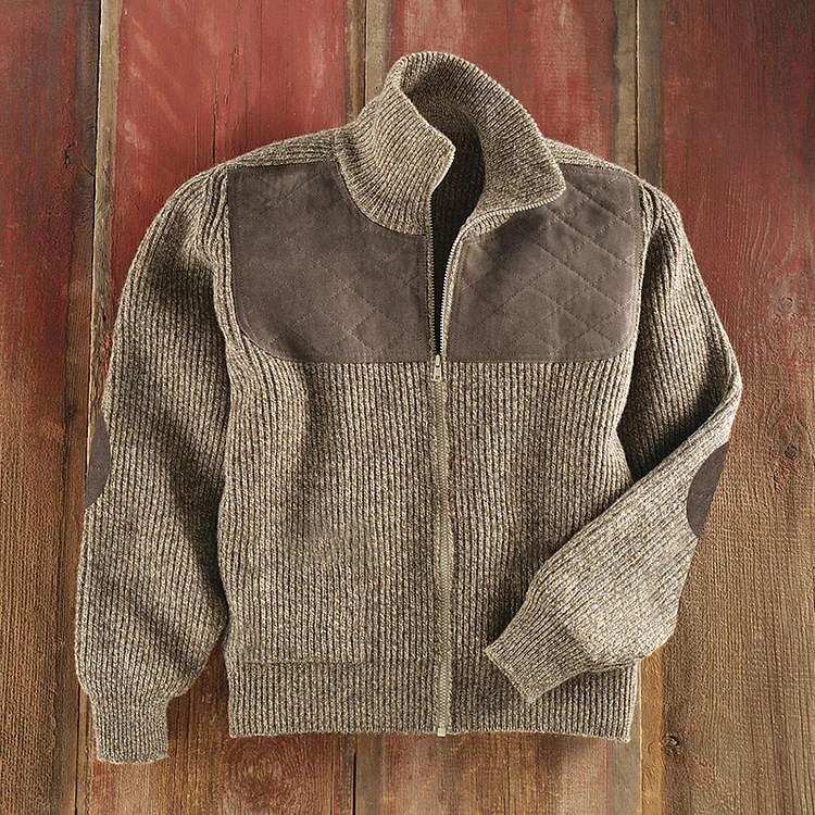 Men's Western Splicing Stand Collar Zipper Knitted Jacket Sweater