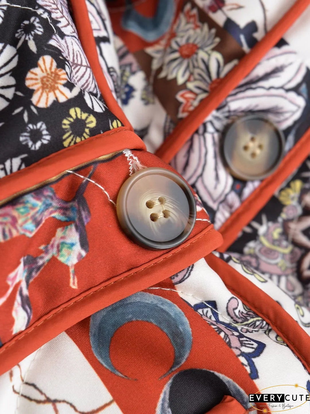 Sweet Print Floral Patchwork U Neck Outerwear