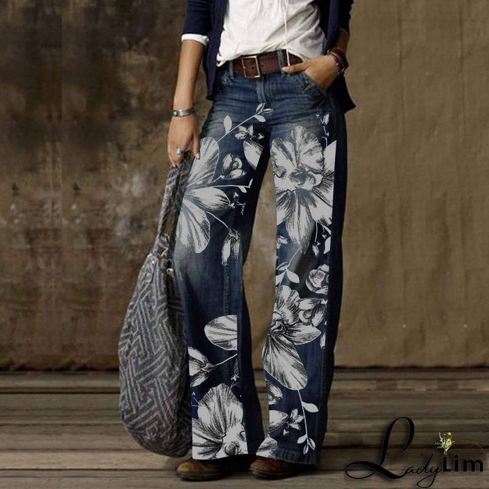 Vintage Fashion Casual Straight Wide Leg Ladies Denim Pants