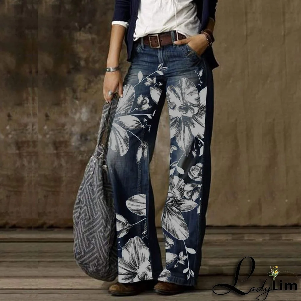 Vintage Fashion Casual Straight Wide Leg Ladies Denim Pants