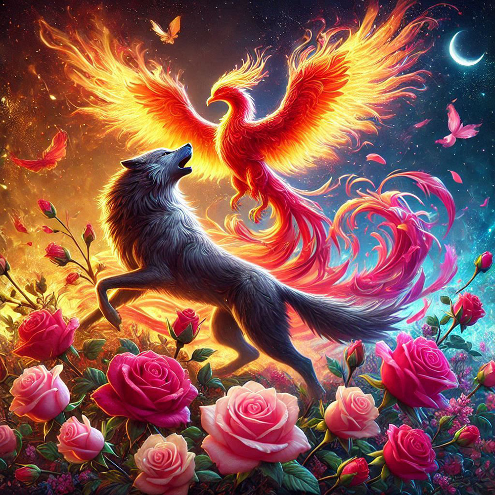Phoenix Wolf In Rose Field 40*40cm(canvas) full round drill diamond painting