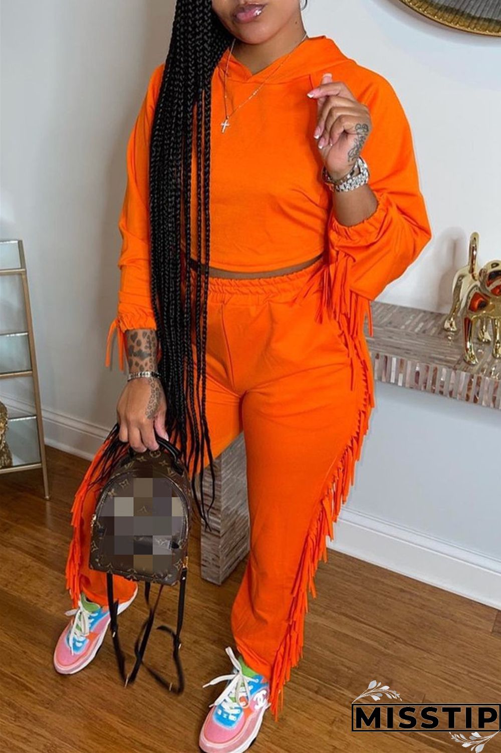 Orange Fashion Casual Solid Tassel Hooded Collar Long Sleeve Two Pieces