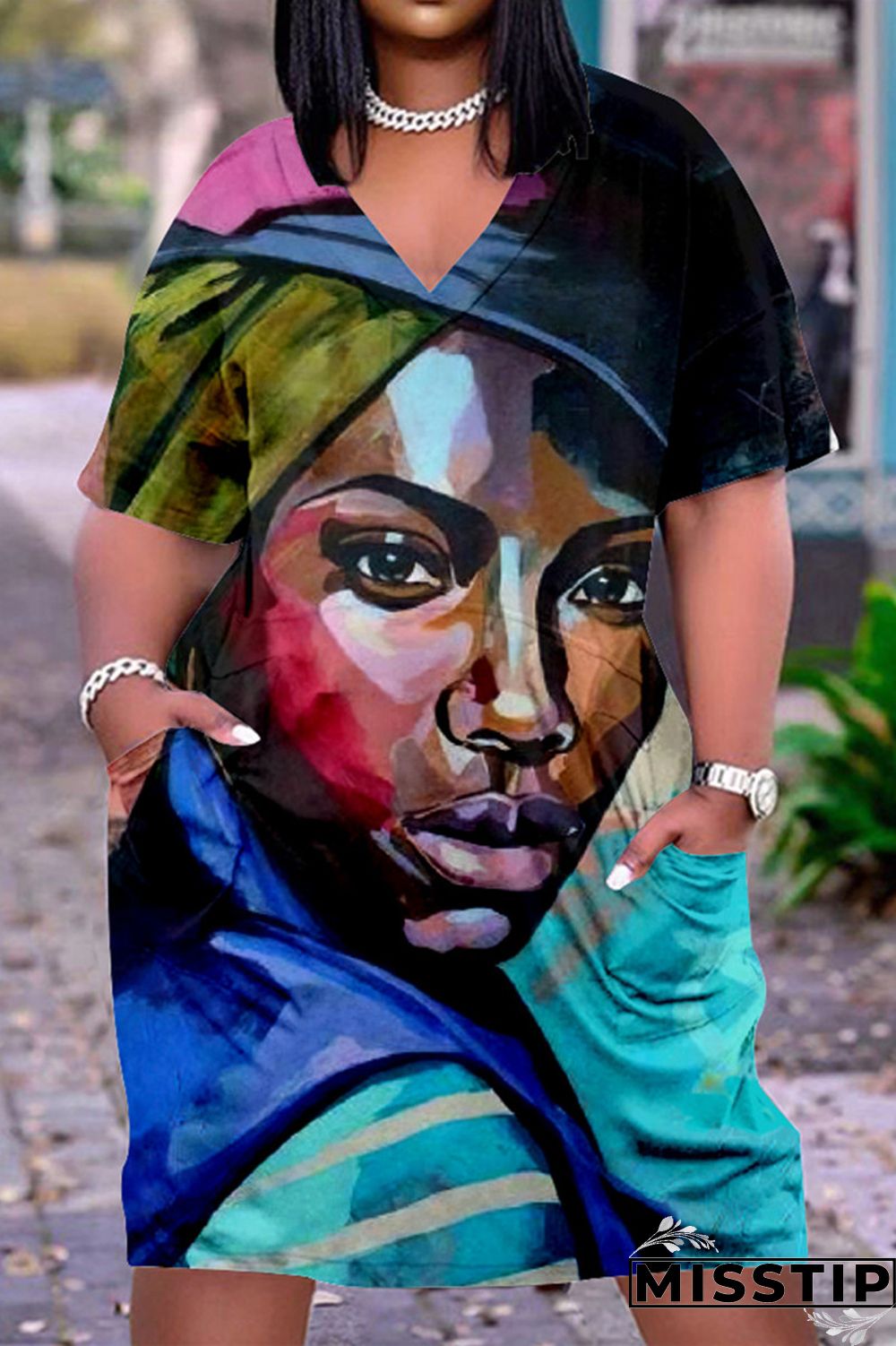 Blue Black Fashion Casual Print Basic V Neck Short Sleeve Dress