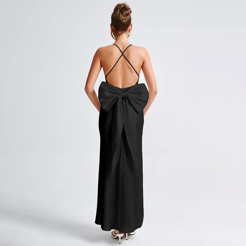 Ootddress Bow Backless Sexy Maxi Dress For Women Satin Spaghetti Strap V Neck Sleeveless Sexy Club Party Long Dress Elegant