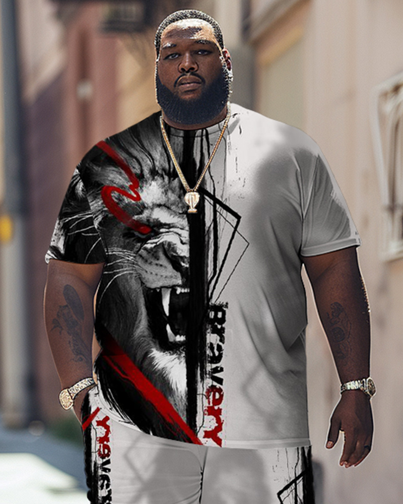 Big & Tall Men's Short Sleeve T-shirt & Shorts Set with Roaring Lion Print 