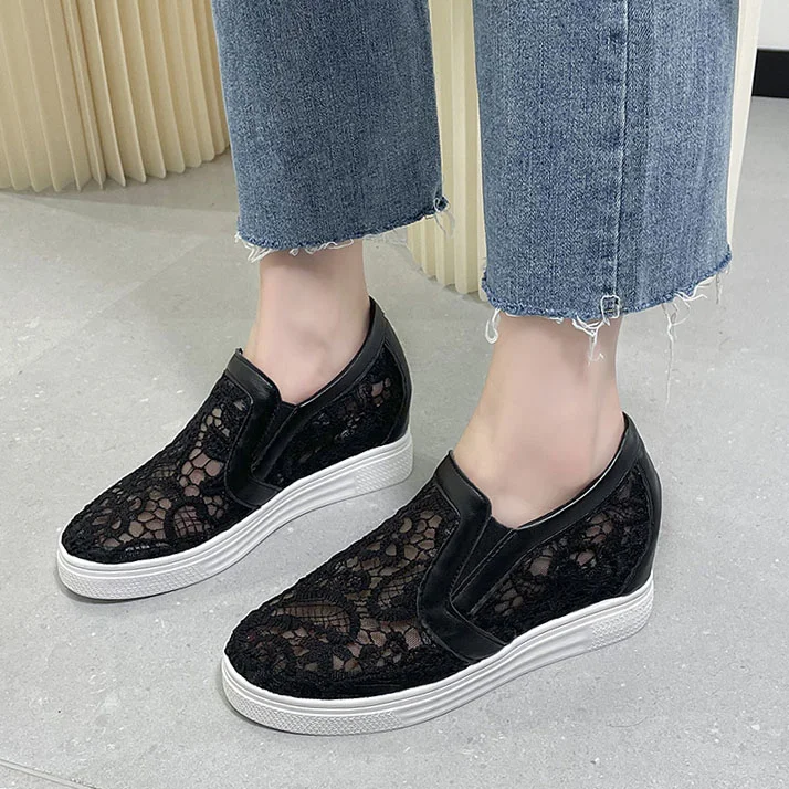 Qengg Women Shoes 2022 Fashion Summer Casual White Shoes Cutouts Lace Canvas Hollow Breathable Platform Flat Shoes Woman Sneakers