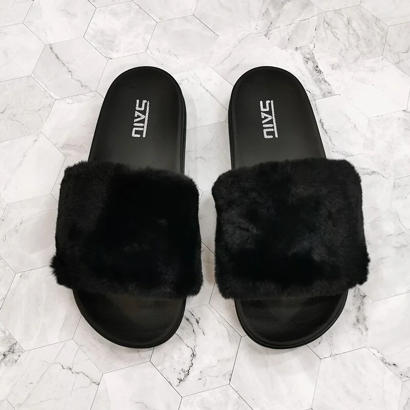 Qengg Women Slippers Furry Home Slides Woman Outside Beach Shoes Female Flat Plush Shoes Fur Slippers Woman Indoor Footwear Size 41