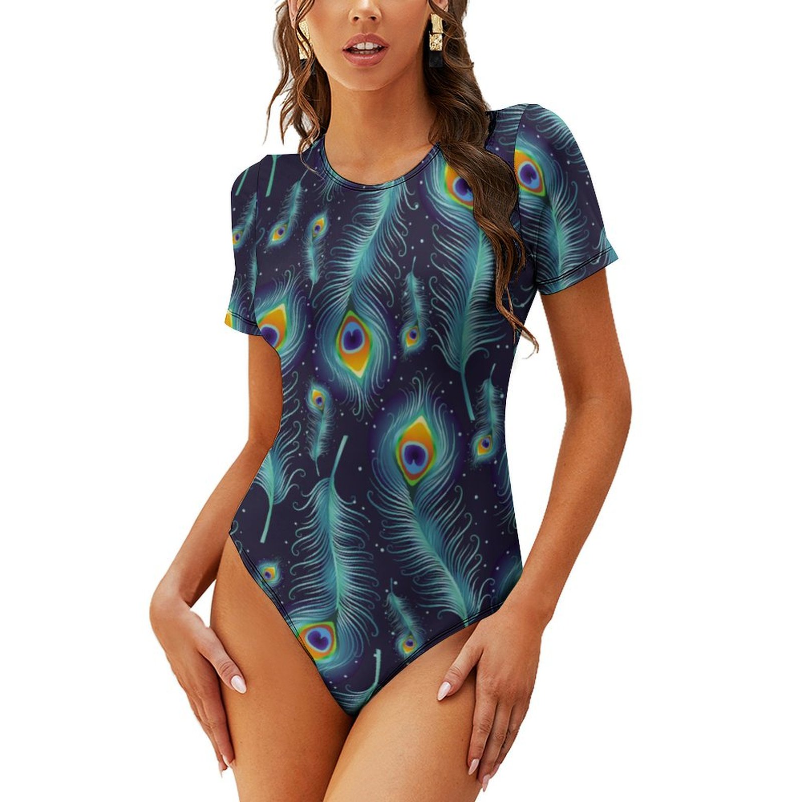 Women's Peacock Feather One Piece Swimsuit Mock Neck Short Sleeve Bathing Suit
