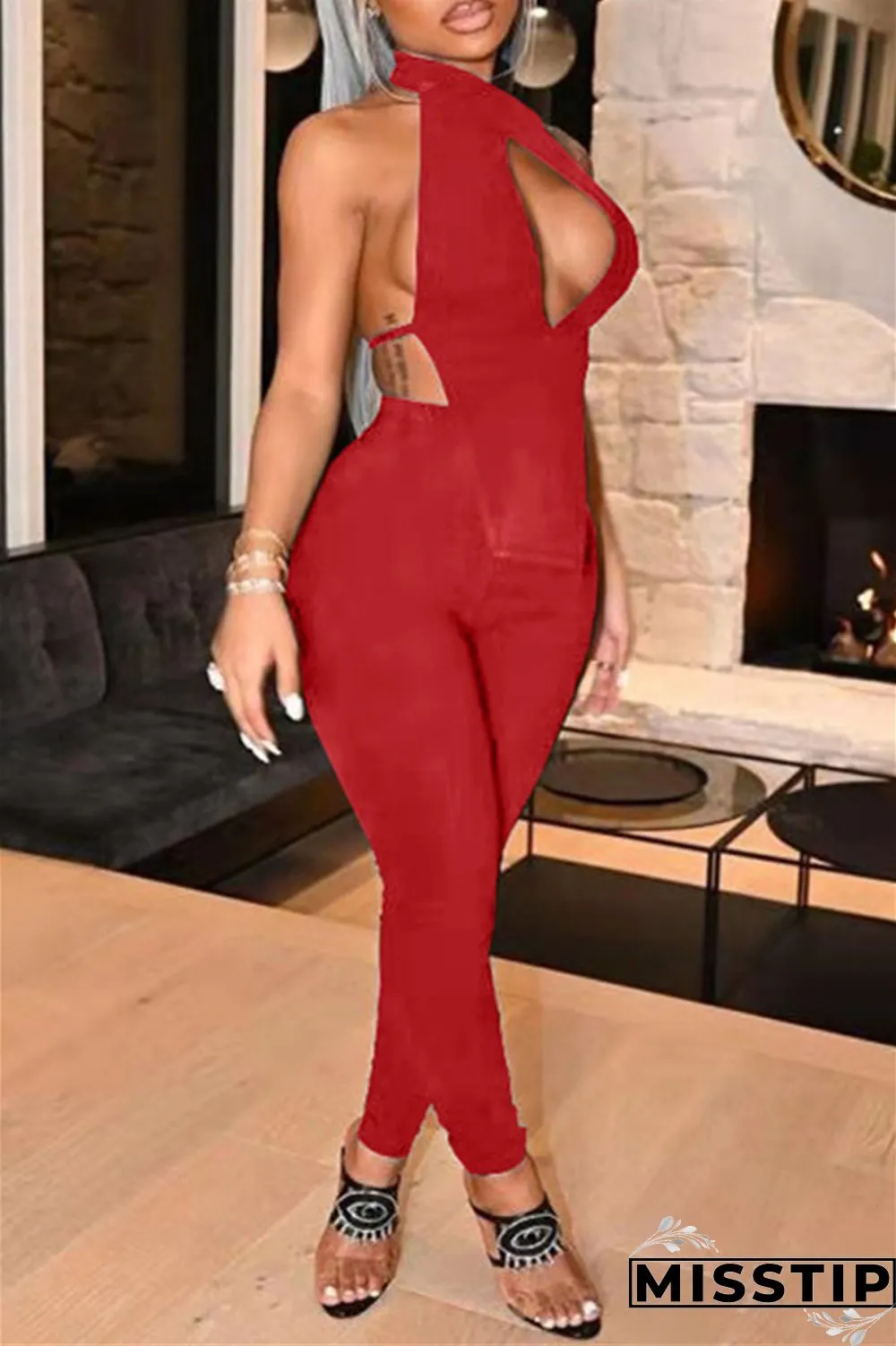 Red Fashion Sexy Solid Hollowed Out Backless Turtleneck Sleeveless Two Pieces