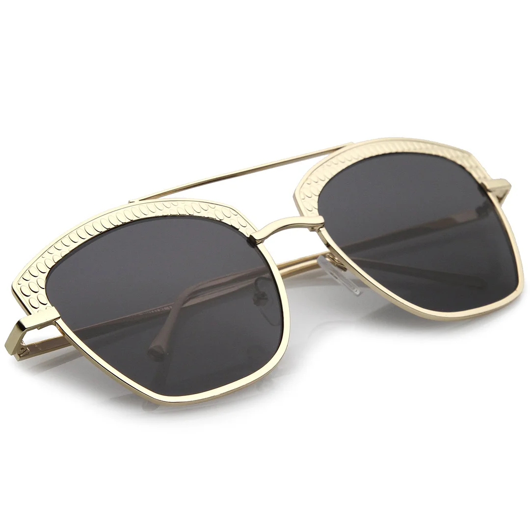 Women's Crossbar Slim Arms Textured Metal Flat Lens Square glasses 58mm