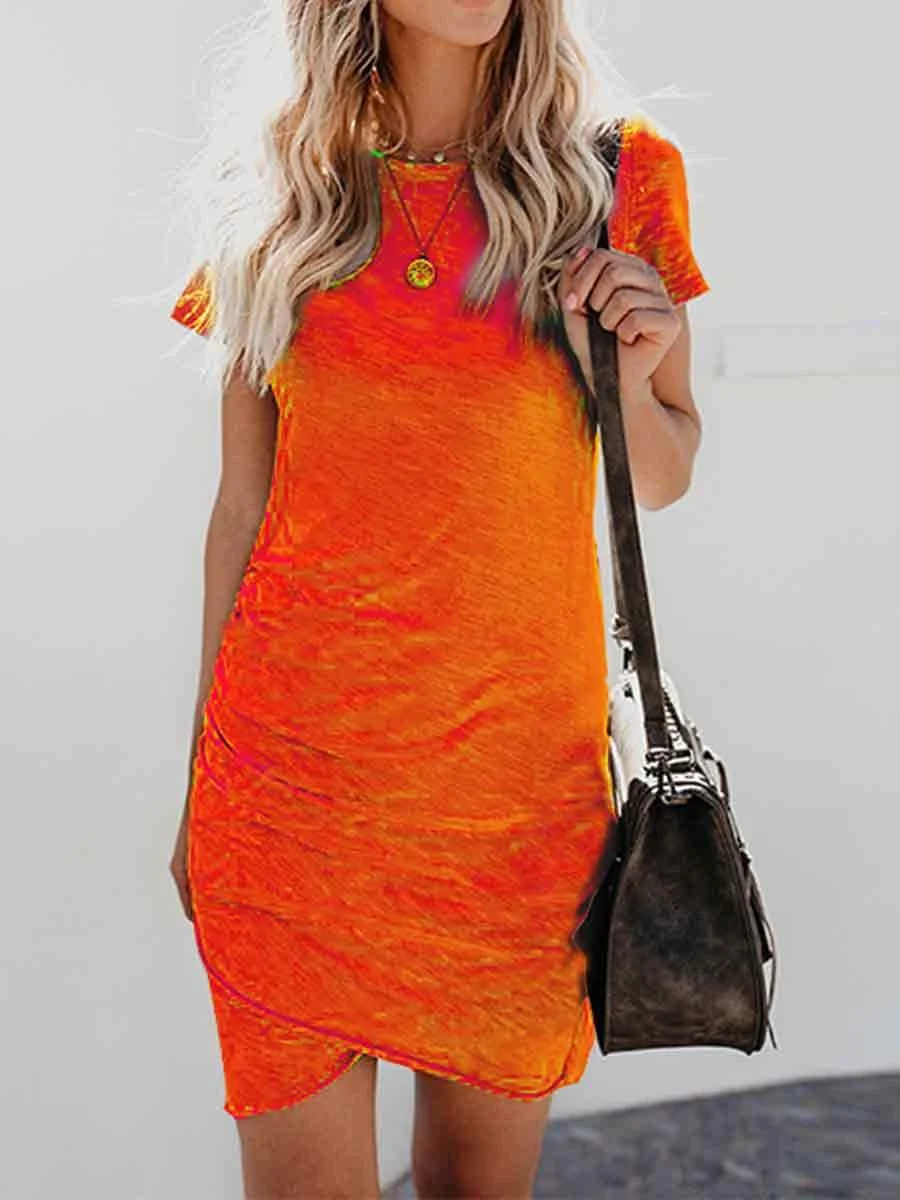 Round Neck Short Sleeves Irregular Hem Solid Color Bodycon Dress