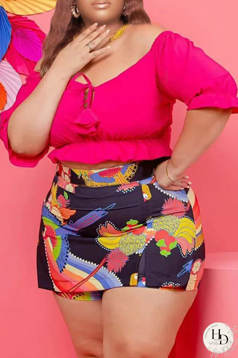 Pink Sexy Print Patchwork Off the Shoulder Plus Size Two Pieces