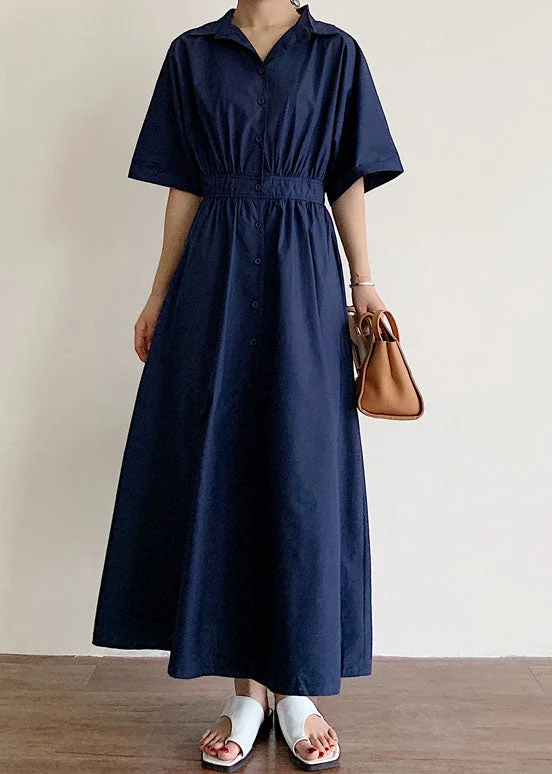 Modern Navy Peter Pan Collar wrinkled Cotton Dress Half Sleeve