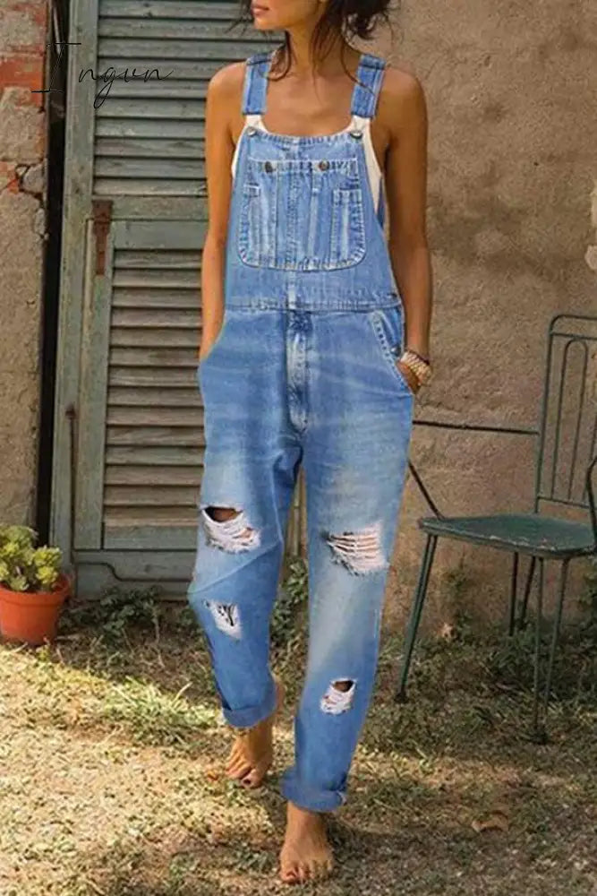 Ingvn - Washed Ripped Hole Denim Overalls(3 Colors) Wathet Blue / S Jumpsuits