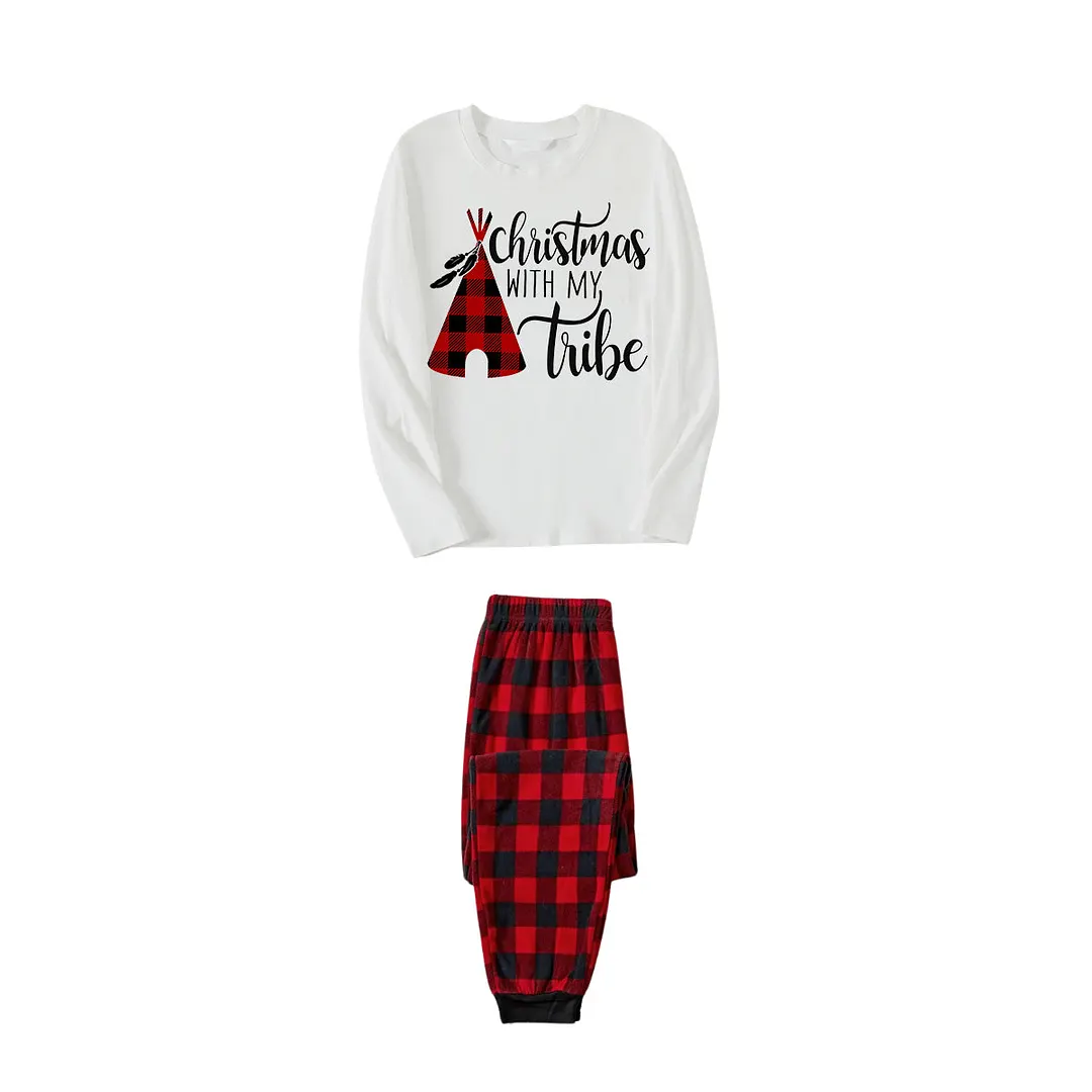 "Christmas With My Tribe"  Pattern White Long Sleeve with Black&Red Plaid Pants Family Matching Pajamas