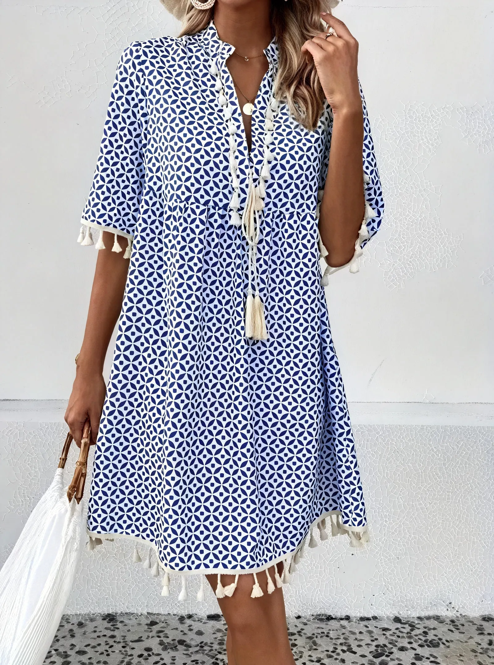 Damen Sommerkleid – Kurzarm Blau-Weiß, Geometermuster, Quasten, Leicht-82531-e97fe2e4-a321-4231-aa45-9d7e2ae83ac1