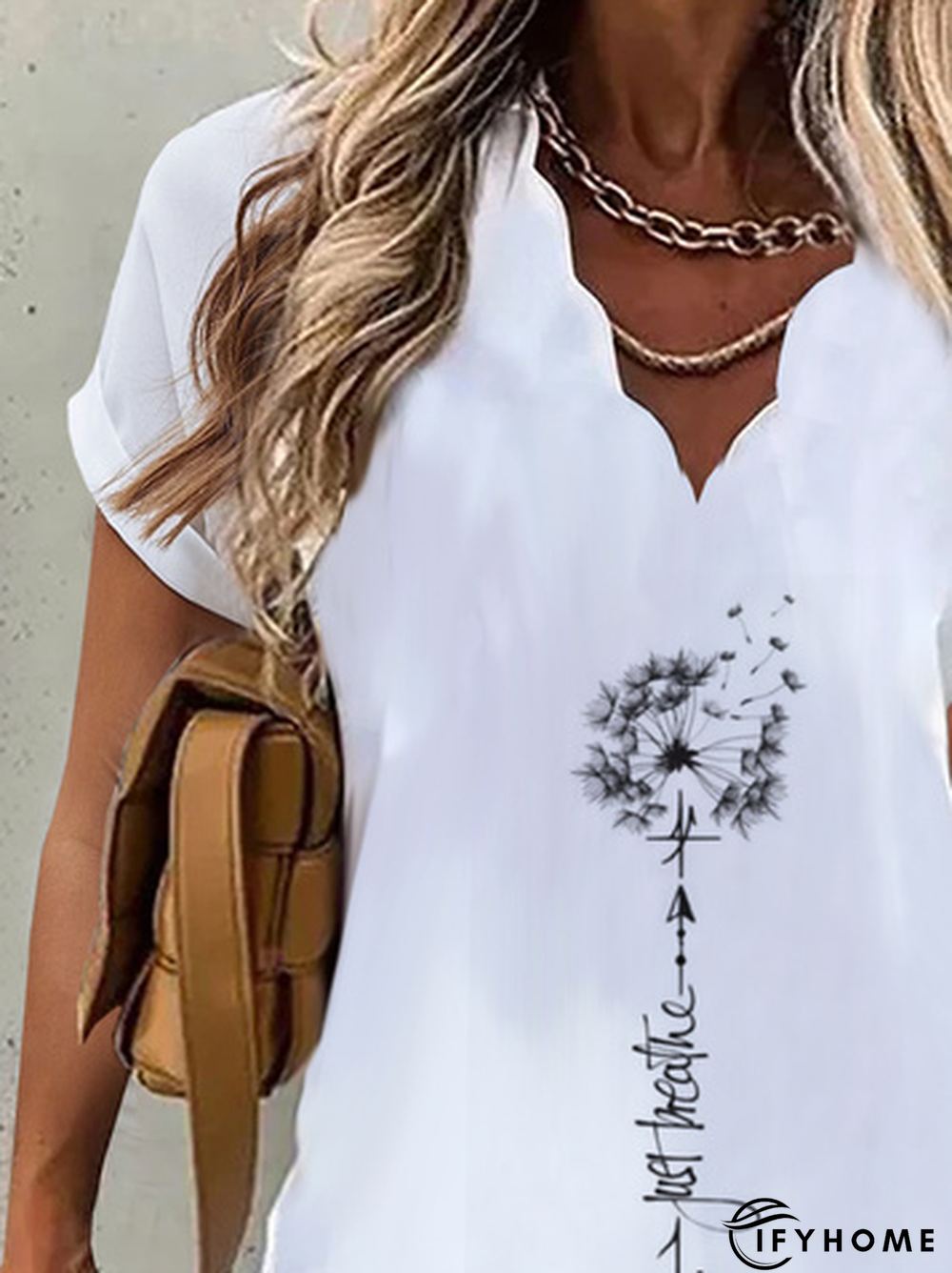 Women's Weekend Daily Casual Loose V Neck Dandelion Printed Short Sleeve Tunic Top | IFYHOME