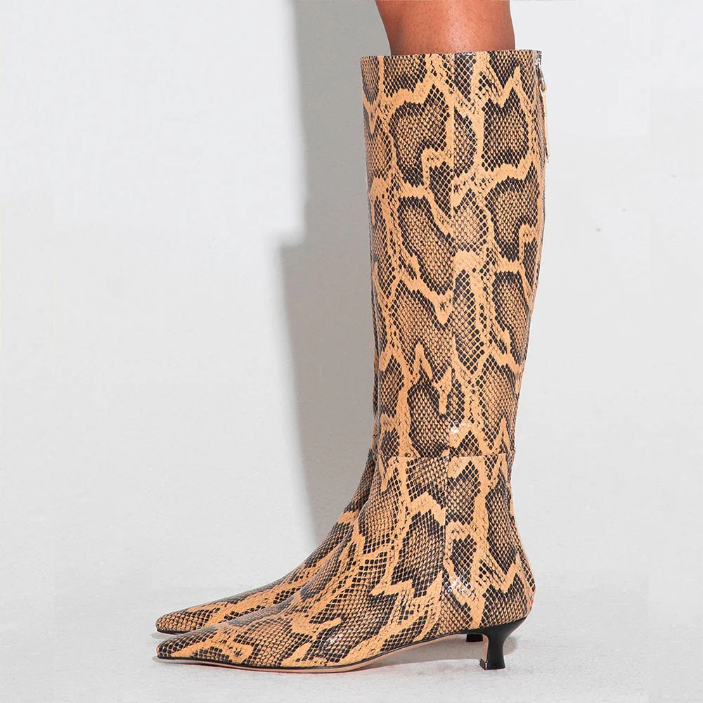 Tan & Black Snakeskin Pointed Toe Kitten Heel Knee High Boots