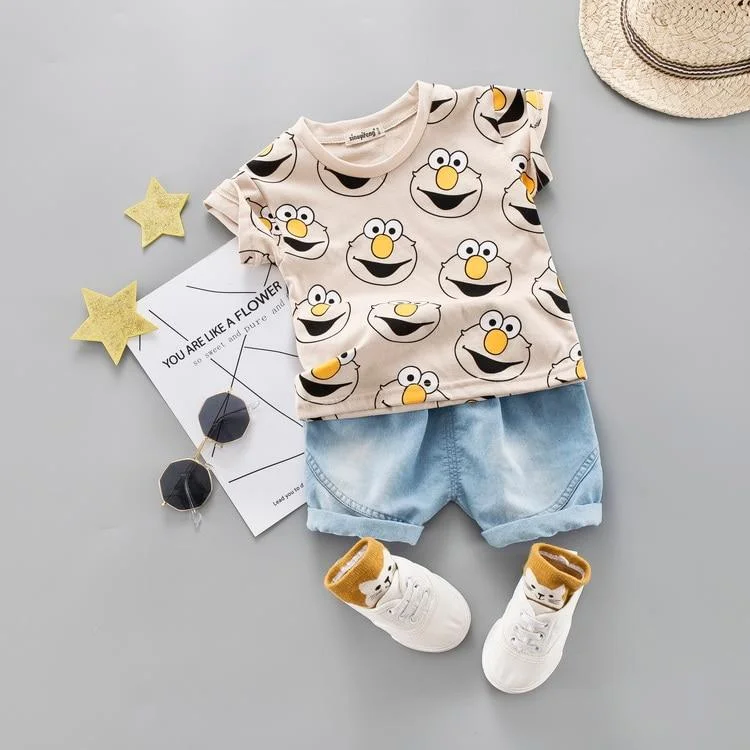 Baby Boy Clothing Set Kids Cute Summer Suit T-Shirt Denim Shorts Cartoon Children Outwear 1 2 3 4 Years Cotton Outfits Khaki Red