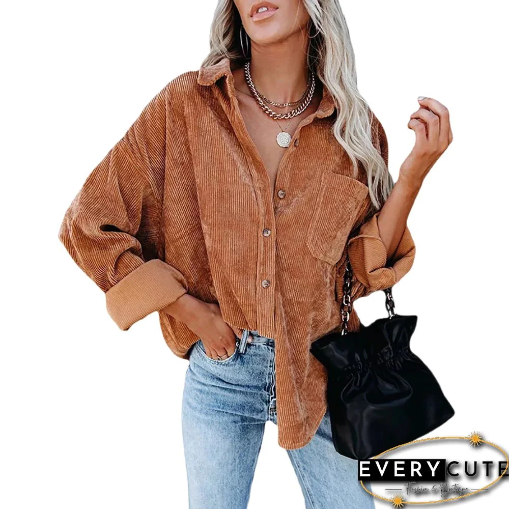 Caramel Corduroy Button Pocket Oversize Shirt