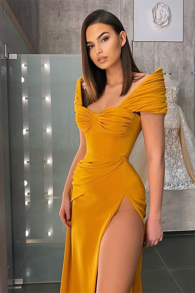 Off-The-Shoulder Mermaid Prom Dress with Slit Peach