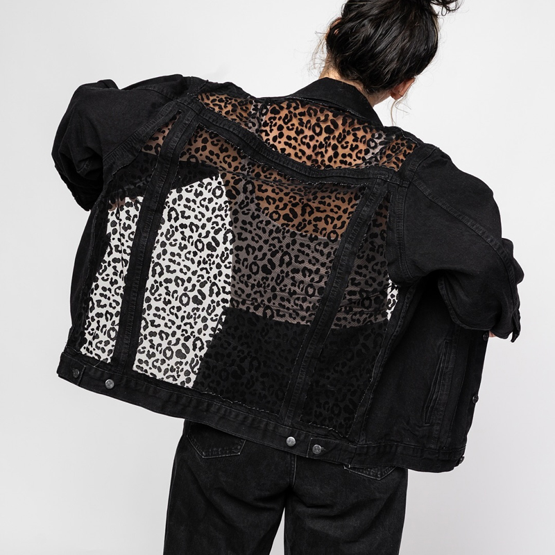 Fashionable Leopard Print Mesh Denim Jacket