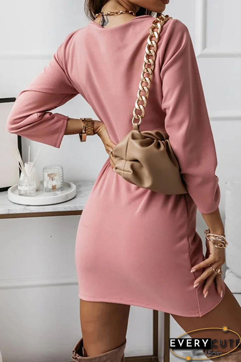 Fashion Elegant Solid Split Joint Fold V Neck Pencil Skirt Dresses(4 Colors)