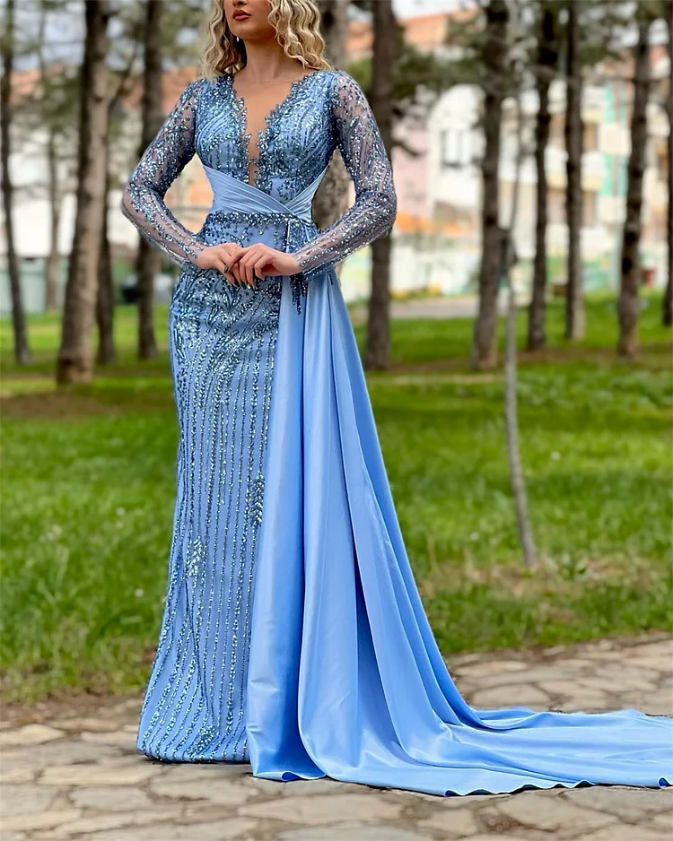 Women's V-neck Blue Sequin Embroidery Dress