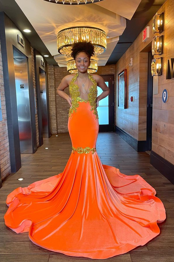 Oknass Stuning Orange Halter Neck Sleeveless Mermaid Long Prom Dress With Appliques
