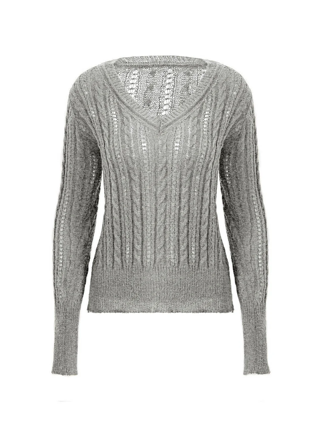 Brownm V-neck lace patchwork cable knit top