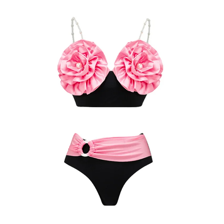 3D Flower Detachable Pearl Strap Bikini Swimsuit and Skirt Flaxmaker