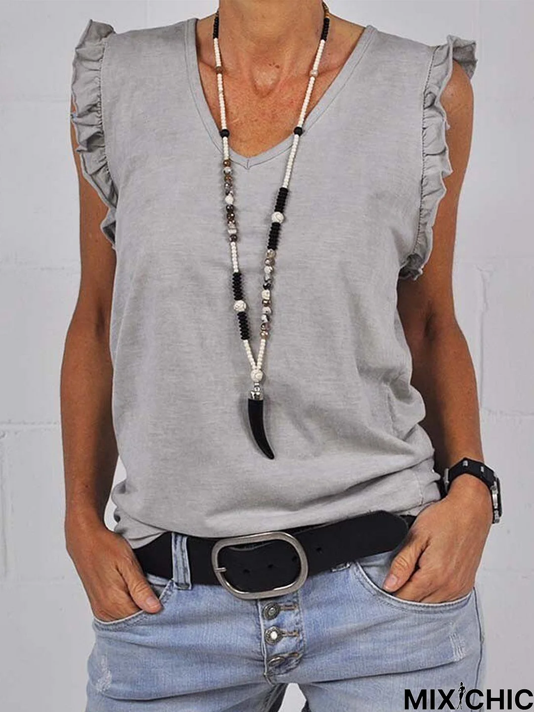 Sleeveless Cotton V Neck Casual T-shirt