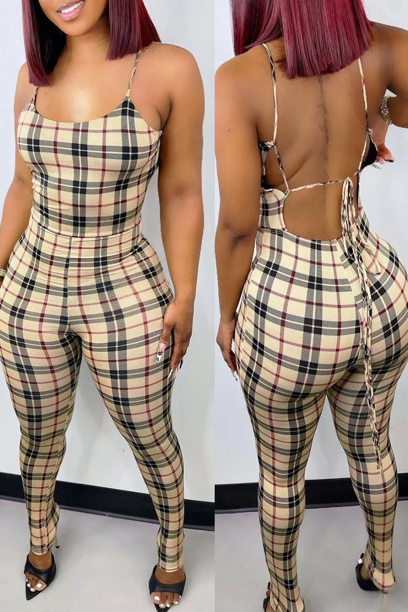 Sexy Plaid Print Split Joint Backless Spaghetti Strap Regular Jumpsuits