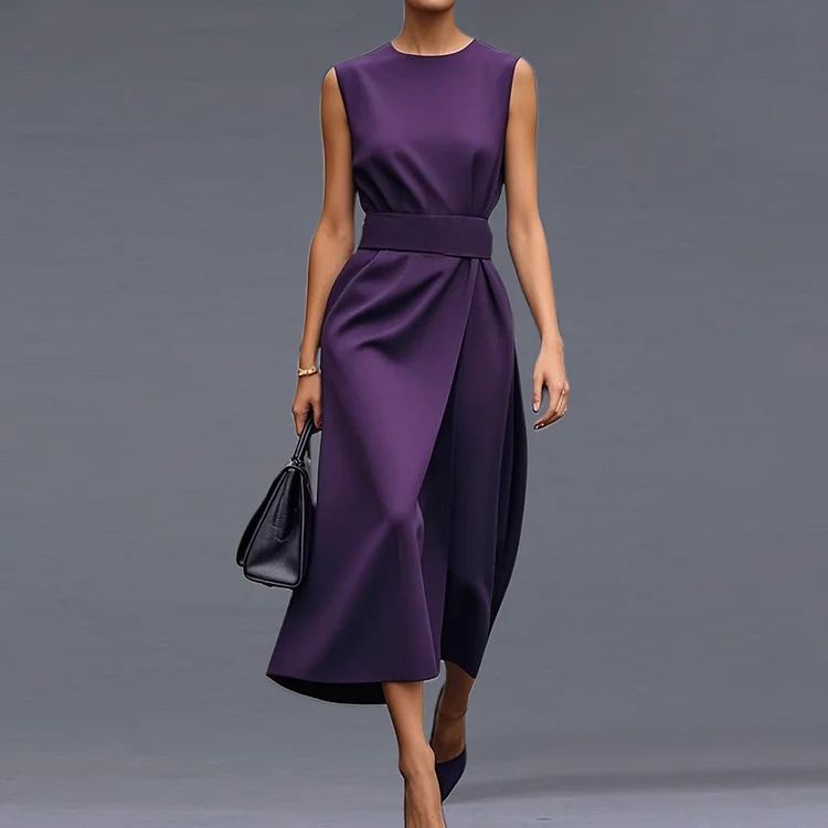 Formal Solid Round Neck Sleeveless Belt Midi Dress