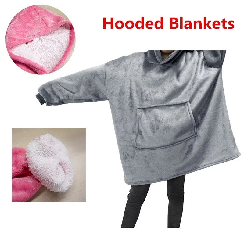 Winter Women Blanket Hooded Sweatshirt Solid Fleece Warm Long Sleeve Oversize Long Hoodies TV Pocket Blanket Female Robe Coat