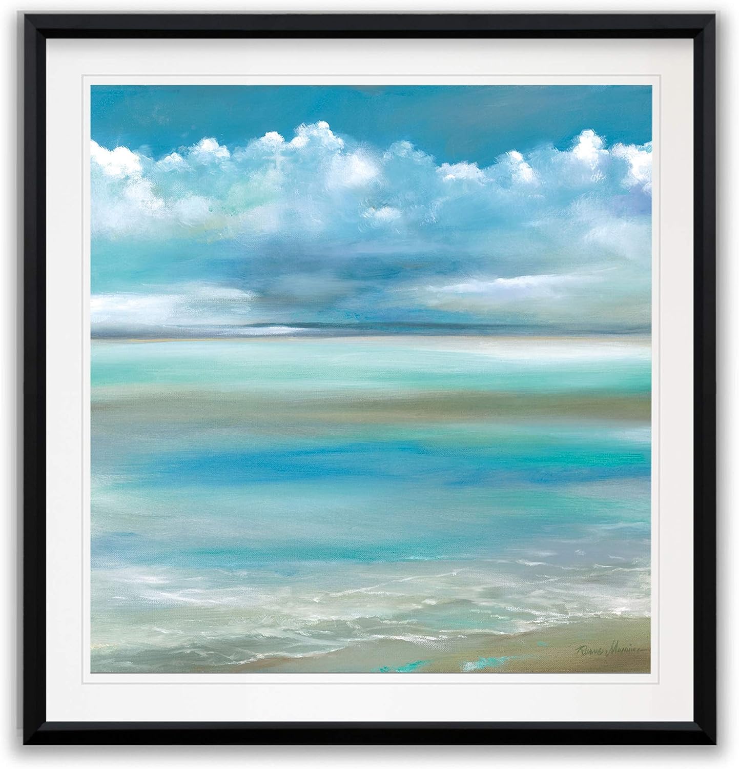 WEXFORD HOME Tranquility by The Sea II Beach Pictures Framed Wall Art Blue Sky and White Clouds Decor Giclee Canvas Prints, 24X24, Black