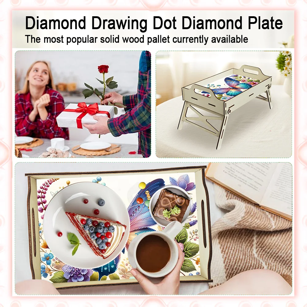 DIY Diamond Painted Dining Plate with Handle Wooden Food Tray Home Decor Gift