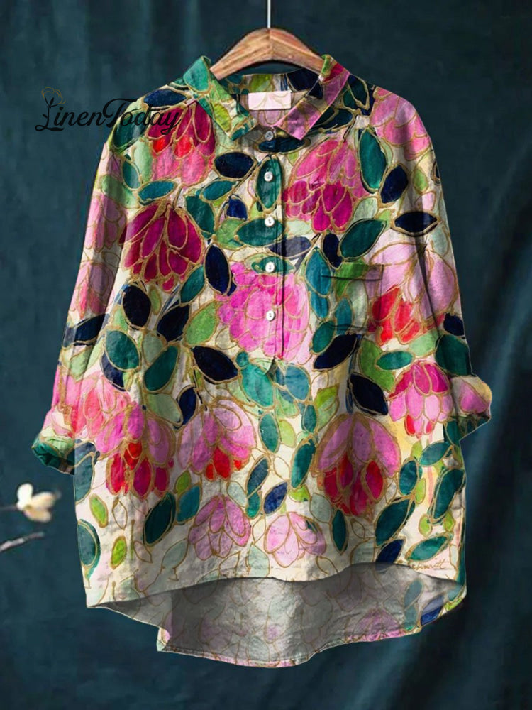 Women’s Colorful Flower Print Casual Cotton And Linen Shirt Multicolor / S