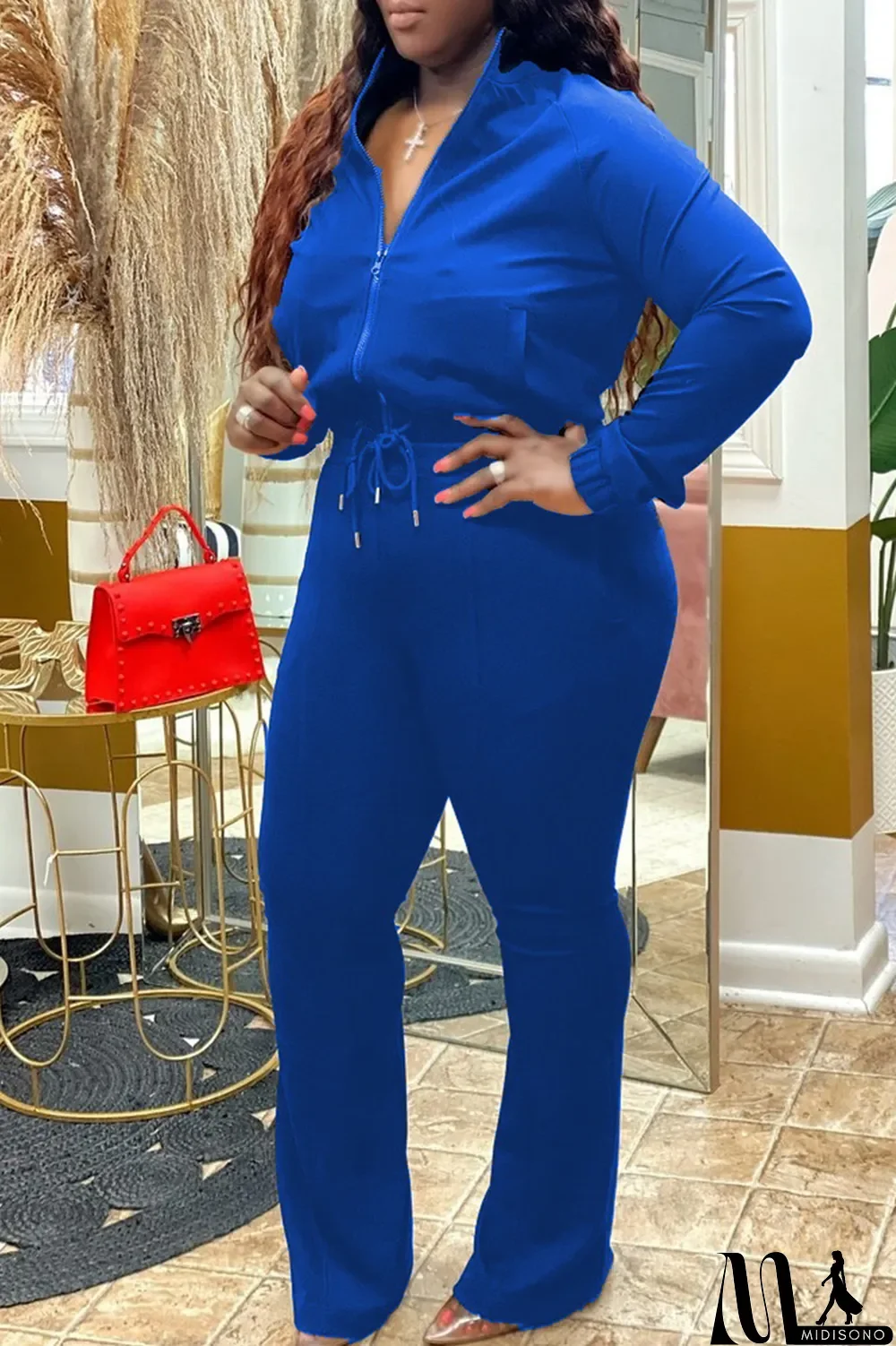 MidiSono - Yellow Fashion Casual Solid Basic Zipper Collar Plus Size Two Pieces