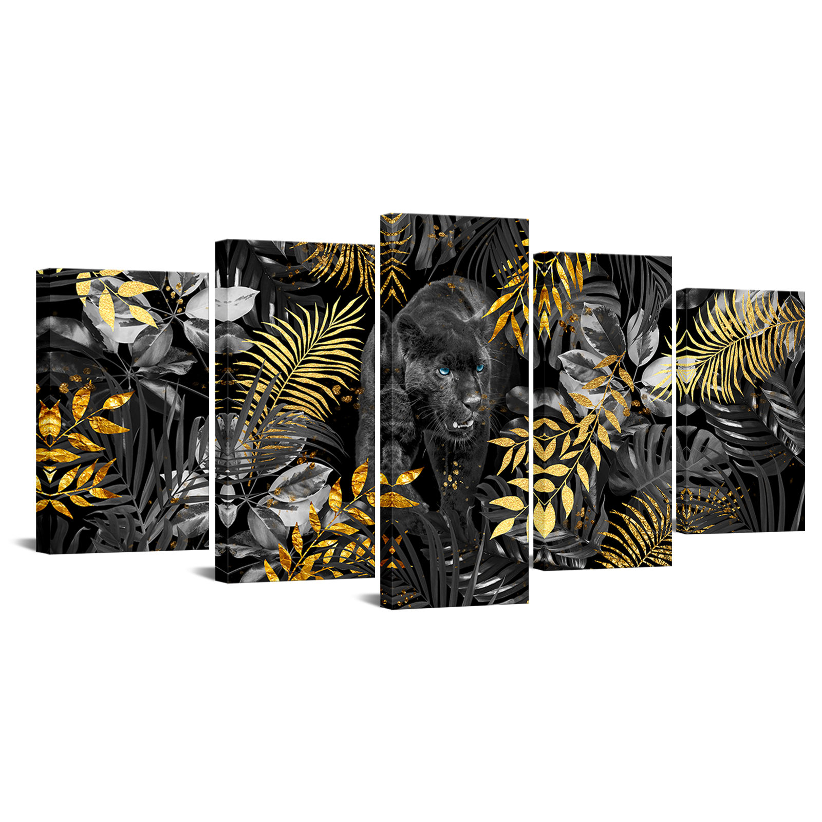 5 Pieces Black Panther Wall Art Canvas Painting Animal In Forest Print Poster Modern Style Picture Living Room Home Decor