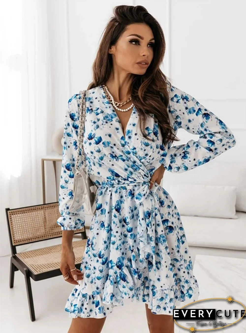 Fall Fashion Floral Print V-neck Long Sleeve Slim Mini Dress Ladies Elegant Vestidos