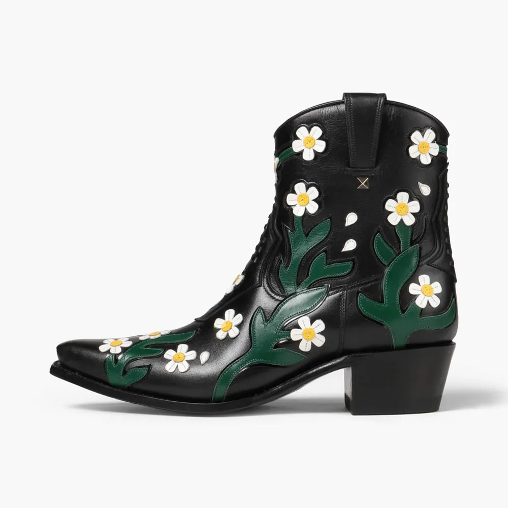 Snip Toe Block Heel Floral Short Black Cowgirl Boots for Women