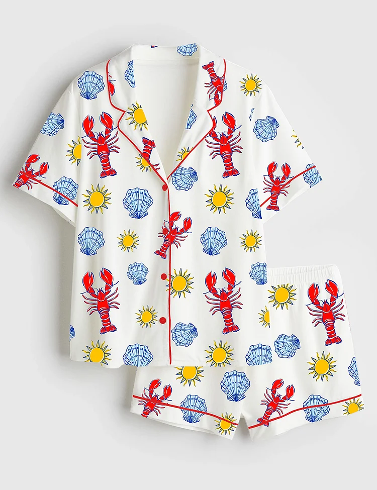 Women's Shell Celebrate Summer Fun With A Splash Of Sunshine And Ocean Treasures Summer Shell Short Sleeve Satin Pajama Set
