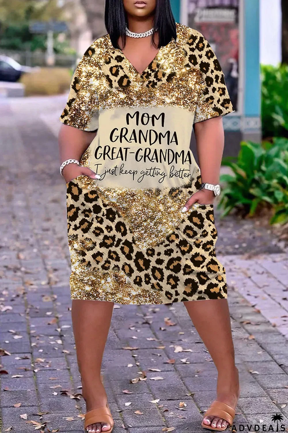 Light Brown Casual Work Print Patchwork V Neck Straight Dresses