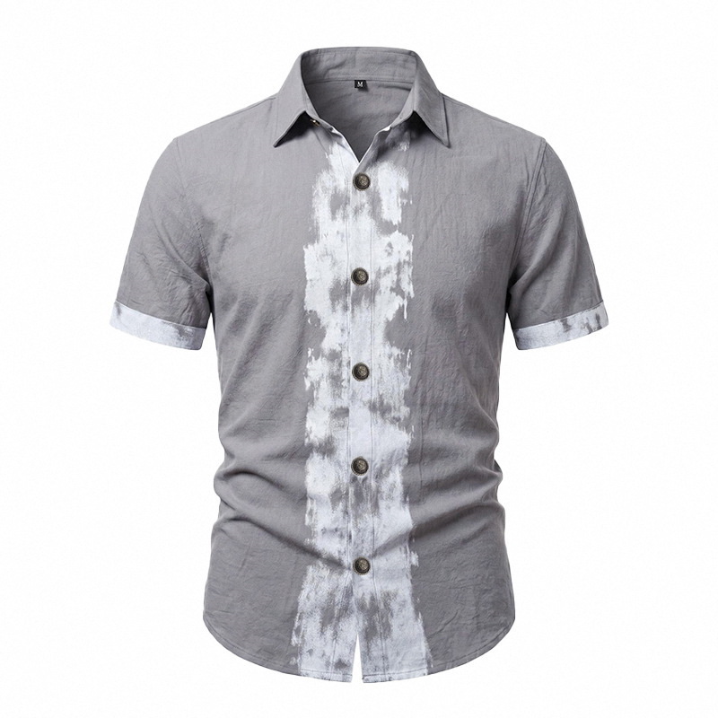 2026 Men’s Summer Linen Shirt Abstract Splash Ink Graffiti Loose Casual Vintage Short Sleeve Shirt