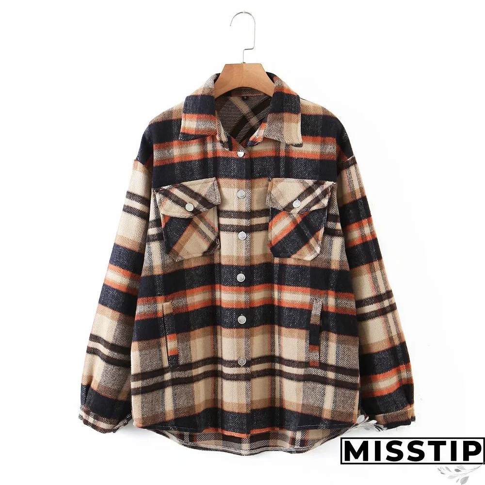 Classic Thick Colorblock Checked Button Down Shirt Jacket Woolen