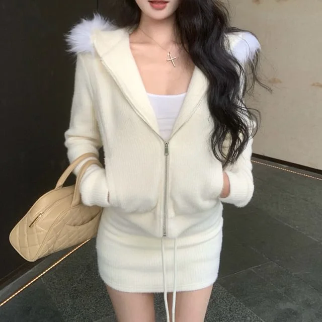 Mini / Zip-Up Hoodie Waist Fluffy Drawstring Trim Skirt Knit Pencil Plain