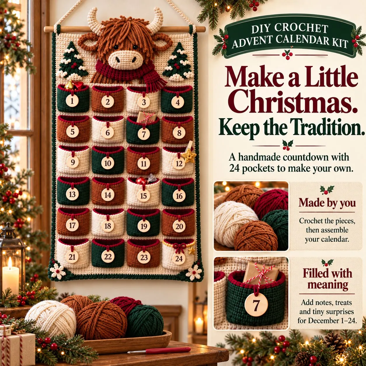 Highland cow crochet Advent calendar with 24 numbered pockets, yarn and small surprise examples
