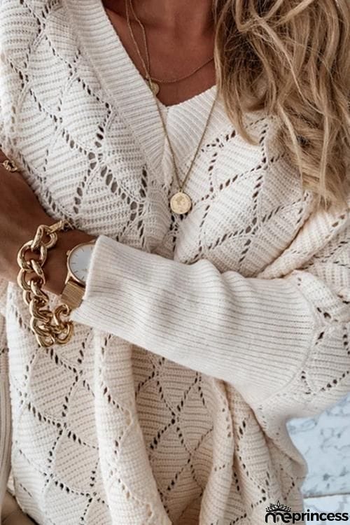 Hollow Out Batwing Sleeve V Neck Sweater